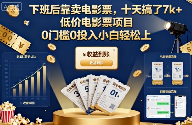 下班后靠卖电影票,十天搞了7k+,低价电影票项目,0门槛0投入小白轻松上手【揭秘】-汇课新知资源网