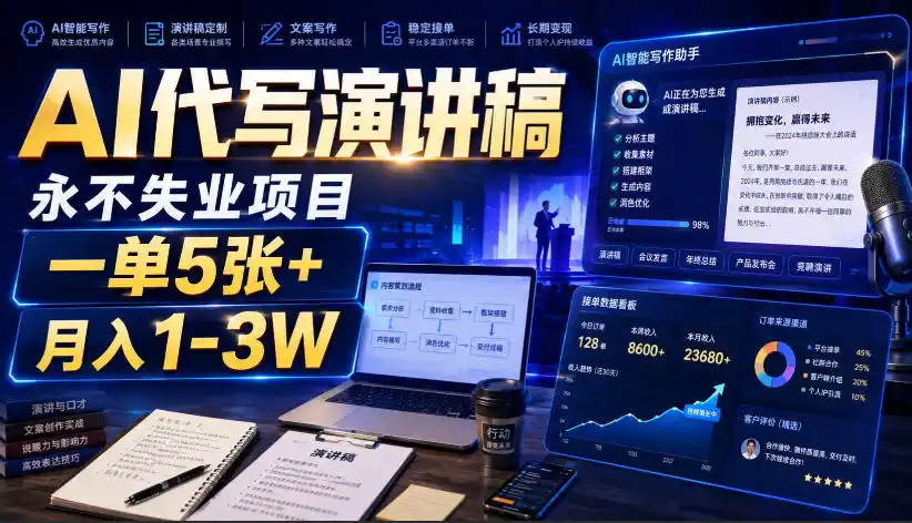 AI代写演讲稿，永不失业项目，一单5张+，月入1-3W【揭秘】-汇课新知资源网