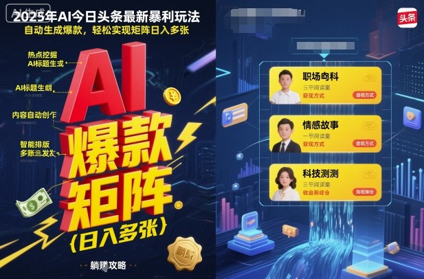 2025年AI今日头条最新暴利玩法,自动生成爆款,轻松实现矩阵日入多张-汇课新知资源网