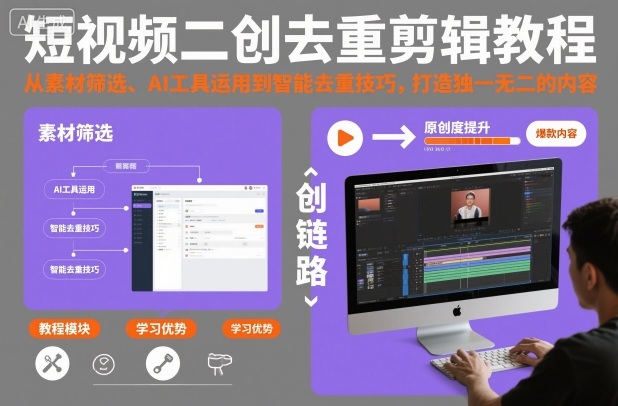 短视频二创去重剪辑教程，从素材筛选、AI工具运用到智能去重技巧，打造独一无二的内容-汇课新知资源网