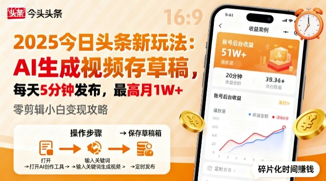 2025年今日头条躺賺新玩法,AI生成视频存草稿,每天5分钟发布,最高月1W+【揭秘】-汇课新知资源网
