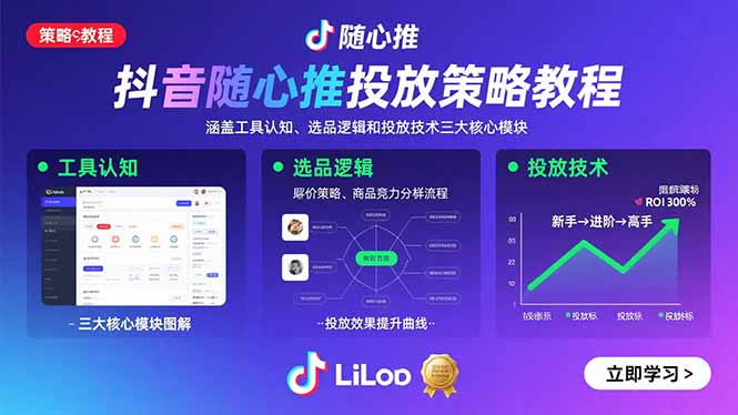 抖音随心推投放策略教程:涵盖工具认知、选品逻辑和投放技术三大核心模块-汇课新知资源网