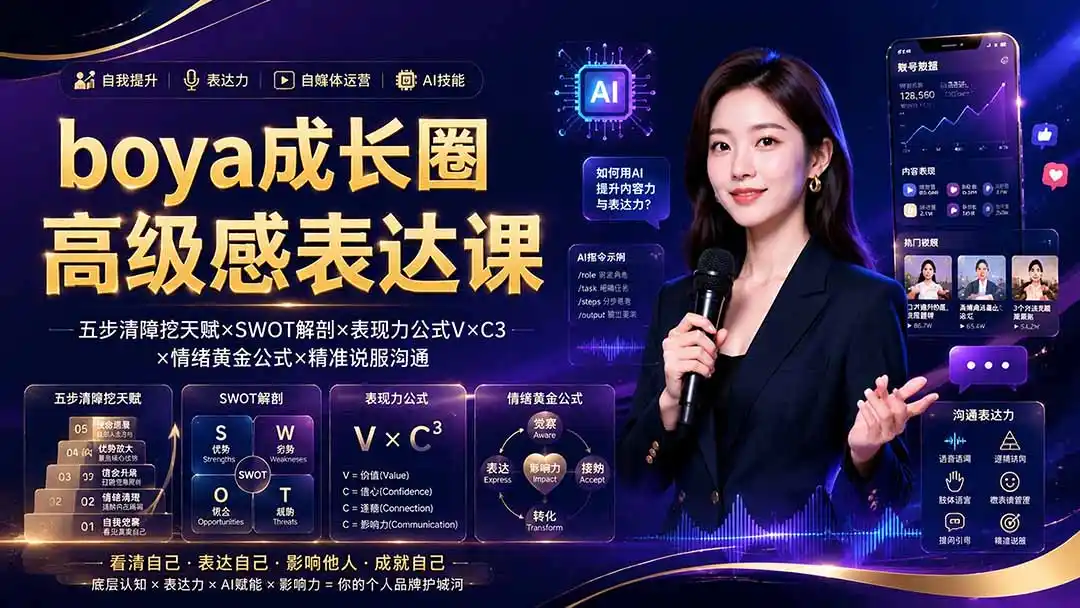 boya成长圈|内心成长高级表达AI自媒体三合一,消解内耗挖掘天赋,镜头沟通AI指令短视频全流程教学-汇课新知资源网