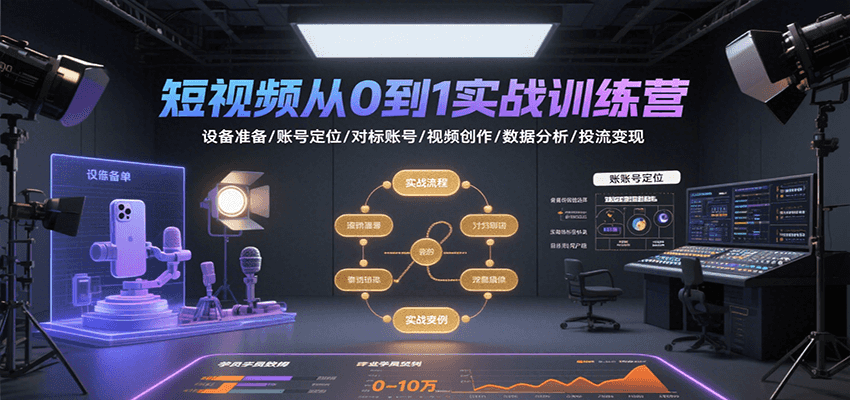短视频从0到1实战训练营：设备准备/账号定位/对标账号/视频创作/数据分析/投流变现-汇课新知资源网