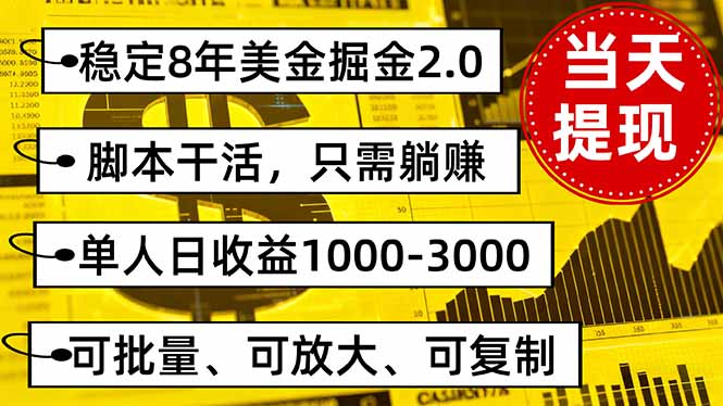 稳定8年美金掘金2.0脚本干活,只需躺赚。单人日收益1000-3000可批量、…-汇课新知资源网