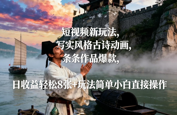 短视频新玩法,写实风格古诗动画,条条作品爆款,日收益轻松8张+玩法简单小白直接操作-汇课新知资源网