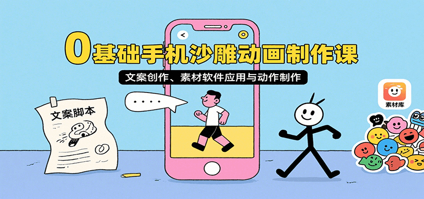 0基础手机沙雕动画制作课，文案创作、素材软件应用与动作制作-汇课新知资源网