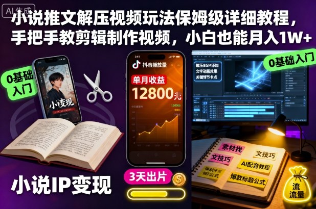 小说推文解压视频玩法保姆级详细教程,手把手教剪辑制作视频,小白也能月入1W+-汇课新知资源网