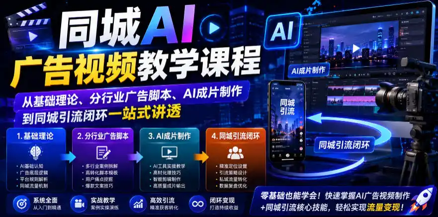 同城AI广告视频教学课程，从基础理论、分行业广告脚本、AI成片制作到同城引流闭环一站式讲透-汇课新知资源网