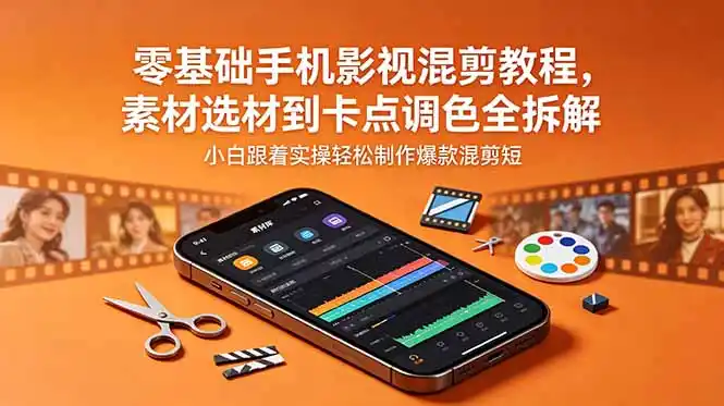 零基础手机影视混剪教程,素材选材到卡点调色全拆解,小白跟着实操轻松制作爆款混剪短片-汇课新知资源网