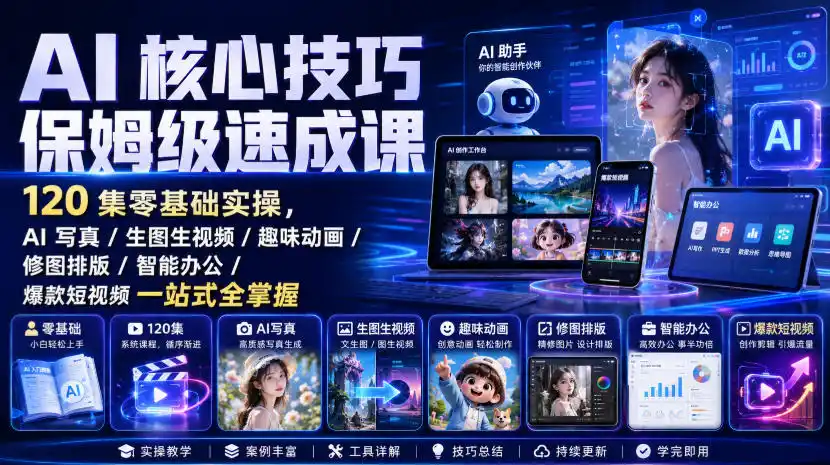 AI核心技巧保姆级速成课｜120集零基础实操，AI写真/生图生视频/趣味动画/修图排版/智能办公/爆款短视频一站式全掌握(更新)-汇课新知资源网