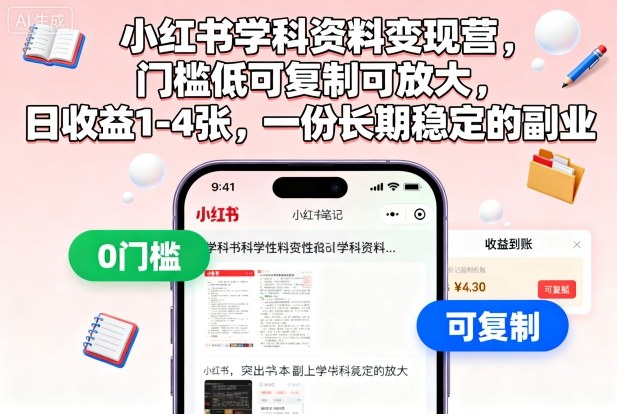 小红书学科资料变现营,门槛低可复制可放大,日收益1-4张,一份长期稳定的副业-汇课新知资源网