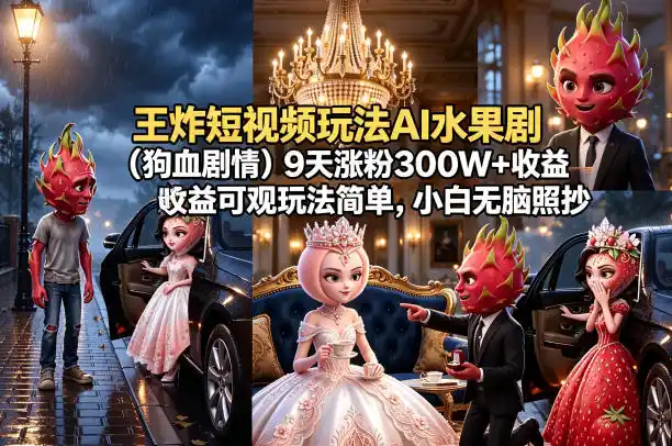 王炸短视频玩法AI水果剧(狗血剧情)9天涨粉300W+收益可观玩法简单,小白无脑照抄,详细拆解玩法-汇课新知资源网