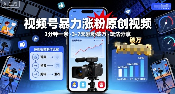 视频号暴力涨粉原创视频,3分钟一条原创视频,3-7天涨粉破万,玩法分享给你-汇课新知资源网