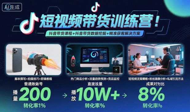 短视频带货训练营,抖音带货课程+抖音带货数据挖掘+精准获客解决方案-汇课新知资源网