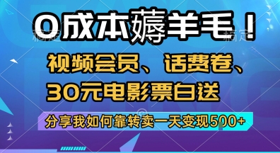0成本薅羊毛!视频会员、话费卷、30元电影票白送，分享我如何靠转卖一天变现5张+【揭秘】-汇课新知资源网