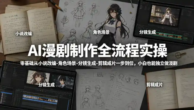 AI漫剧制作全流程实操,零基础从小说改编-角色场景-分镜生成-剪辑成片一步到位,小白也能独立做漫剧-汇课新知资源网