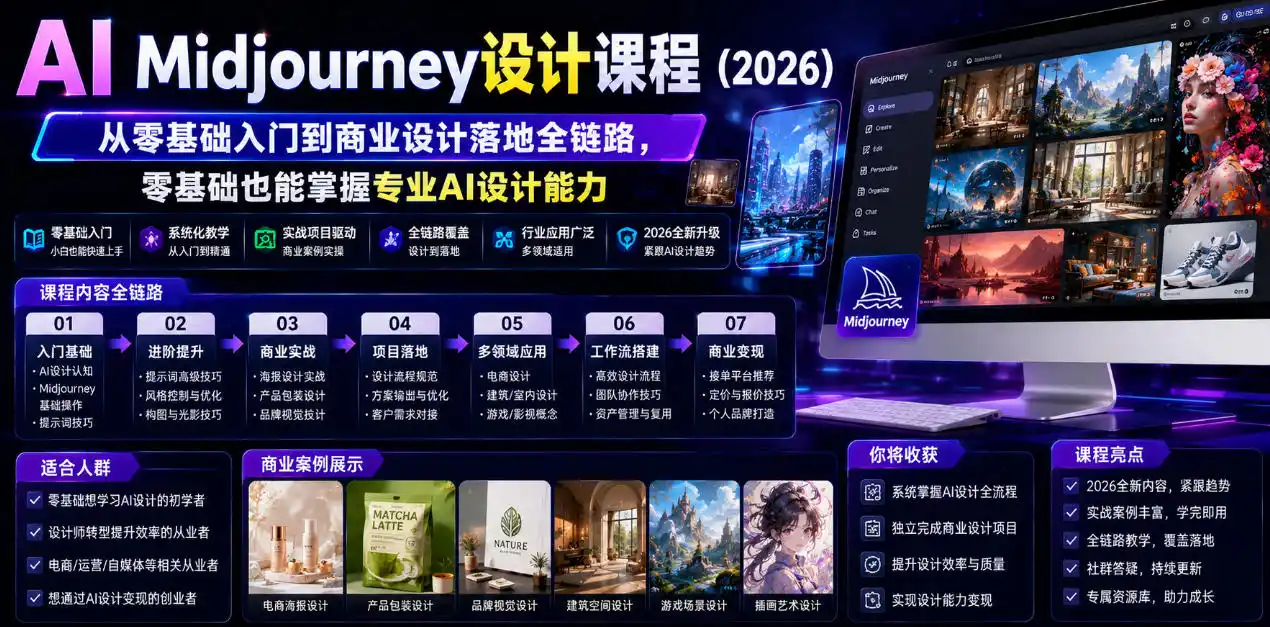 AI Midjourney设计课程(2026),从零基础入门到商业设计落地全链路,零基础也能掌握专业AI设计能力(更新1007)
