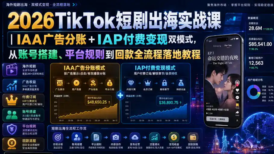 2026TikTok短剧出海实战课|IAA广告分账+IAP付费变现双模式,从账号搭建、平台规则到回款全流程落地教程-汇课新知资源网