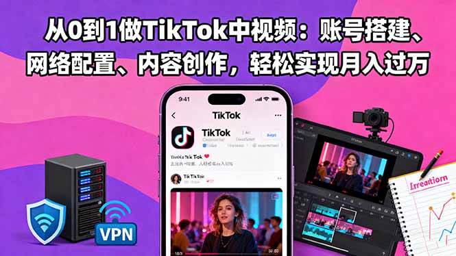从0到1做TikTok中视频:账号搭建、网络配置、内容创作,轻松实现月入过万-汇课新知资源网