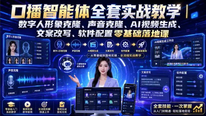 口播智能体全套实战教学｜数字人形象克隆、声音克隆、AI视频生成、文案改写、软件配置零基础落地课-汇课新知资源网