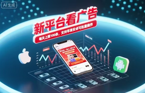 新台看广告,养好机一条5毛到5块,单机日入30到100,支持苹果安卓,可批量操作。-汇课新知资源网