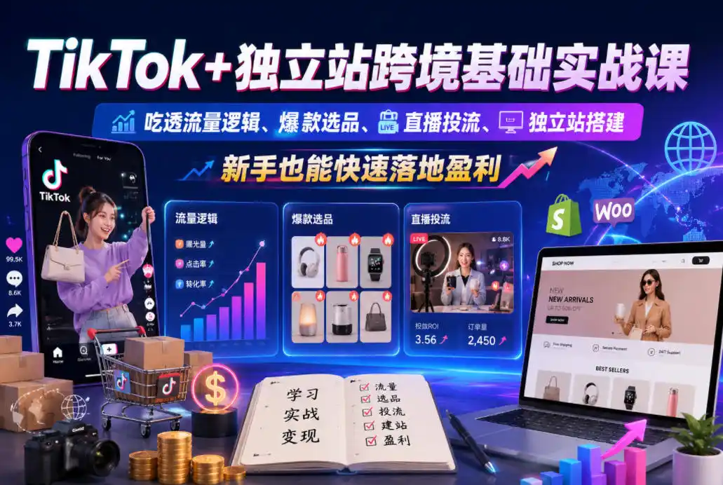 TikTok+独立站跨境基础实战课,吃透流量逻辑、爆款选品、直播投流与独立站搭建,新手也能快速落地盈利-汇课新知资源网