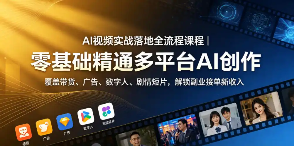 AI视频实战落地全流程课程｜零基础精通多平台AI创作，覆盖带货、广告、数字人、剧情短片，解锁副业接单新收入-汇课新知资源网