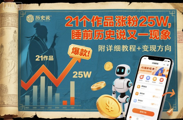 21个作品涨粉25W,睡前历史说又一现象级AI内容大爆款来啦,附详细教程+变现方向-汇课新知资源网