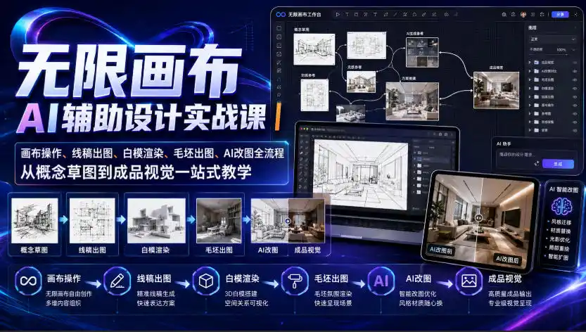 无限画布AI辅助设计实战课｜画布操作、线稿出图、白模渲染、毛坯出图、AI改图全流程，从概念草图到成品视觉一站式教学-汇课新知资源网