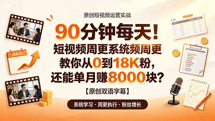 90 分钟每天！短视频周更系统教你从 0 到 18K 粉，还能单月赚 8000 块？【原创双语字幕】-汇课新知资源网
