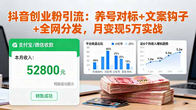 抖音创业粉引流:养号对标+文案钩子+全网分发,月变现5万实战-汇课新知资源网