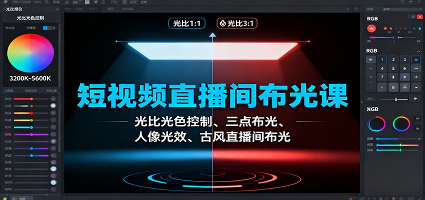 短视频直播间布光课:光比光色控制、三点布光、人像光效、古风直播间布光-汇课新知资源网