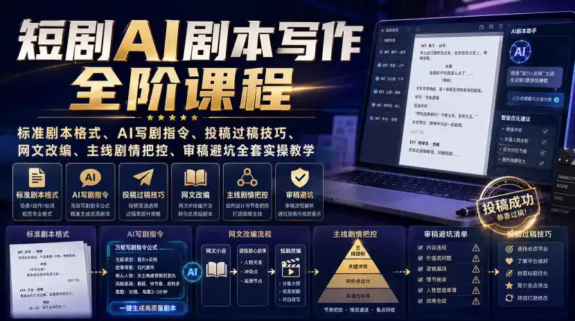 短剧AI剧本写作全阶课程｜标准剧本格式、AI写剧指令、投稿过稿技巧、网文改编、主线剧情把控、审稿避坑全套实操教学-汇课新知资源网