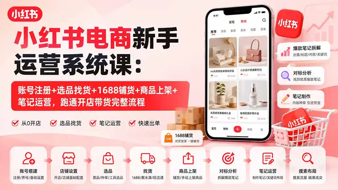 小红书电商新手运营系统课：账号注册+选品找货+1688铺货+商品上架+笔记运营，跑通开店带货完整流程-汇课新知资源网