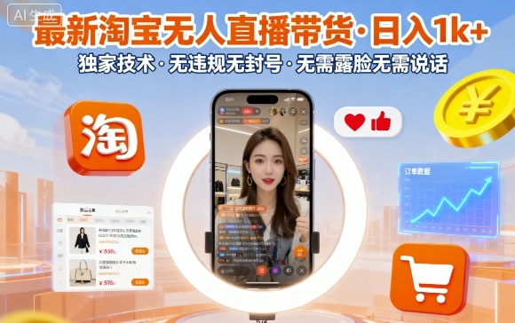 最新淘宝无人直播带货,日入1k+,独家技术,无违规无封号,无需露脸无需说话【揭秘】-汇课新知资源网