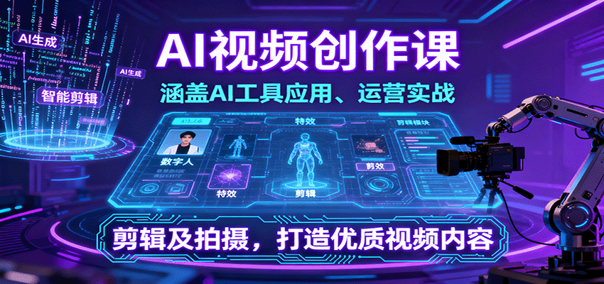 AI视频创作课,涵盖AI工具应用、运营实战、剪辑及拍摄,打造优质视频内容-汇课新知资源网