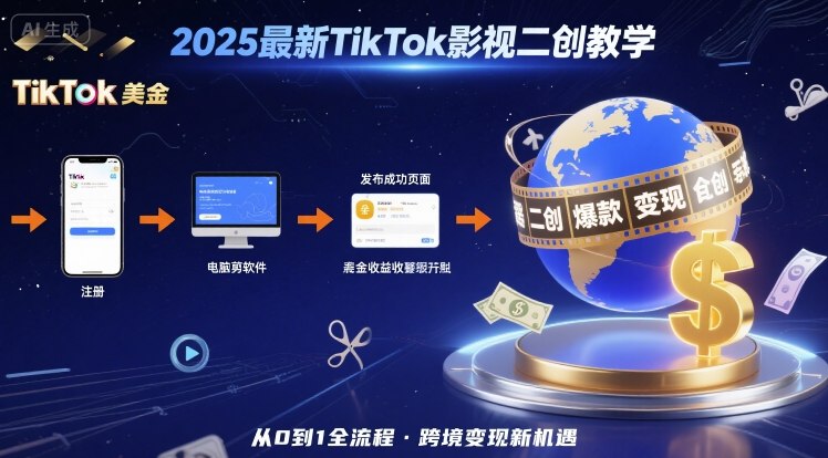2025年最新TikTok影视二创教学，从注册到发布撸美金全流程，跨境变现新机遇-汇课新知资源网