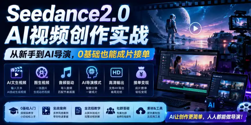 Seedance2.0 AI视频创作实战，从新手到AI导演，0基础也能成片接单变现-汇课新知资源网