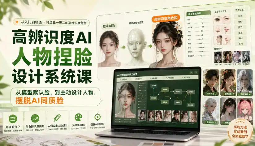 高辨识度AI人物捏脸设计系统课，从模型默认脸，到主动设计人物，摆脱AI同质脸-汇课新知资源网