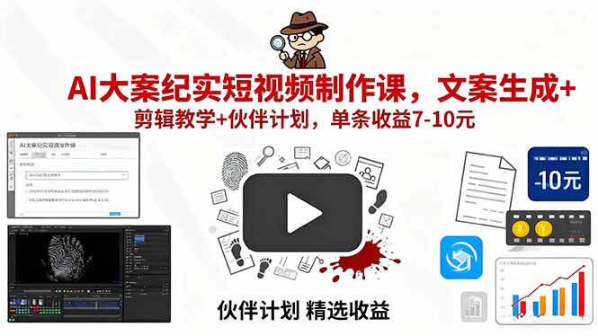 AI大案纪实短视频制作课,文案生成+剪辑教学+伙伴计划,单条收益7-10元-汇课新知资源网