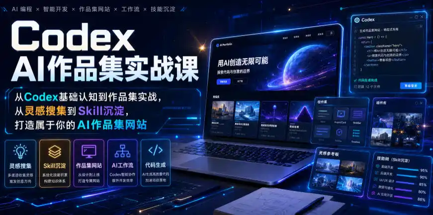 Codex AI作品集实战课，从Codex基础认知到作品集实战，从灵感搜集到Skill沉淀，打造属于你的AI作品集网站-汇课新知资源网