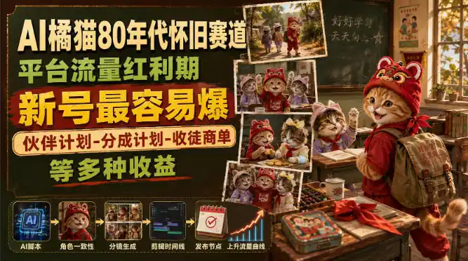 AI橘猫80年代怀旧赛道，平台流量红利期，新号最容易爆，伙伴计划-分成计划-收徒商单等多种收益-汇课新知资源网