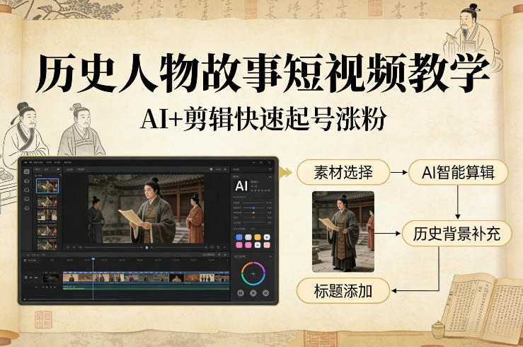 历史人物故事短视频教学，AI+剪辑制作历史人物题材短视频，快速起号涨粉-汇课新知资源网