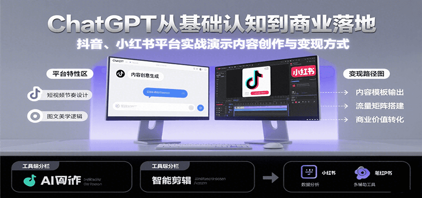 ChatGPT从基础认知到商业落地，实战演示抖音、小红书等平台的内容创作与变现-汇课新知资源网