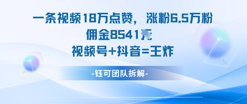一条视频18W点赞,涨粉6.5W粉佣金8541米,视频号+抖音=王炸-汇课新知资源网