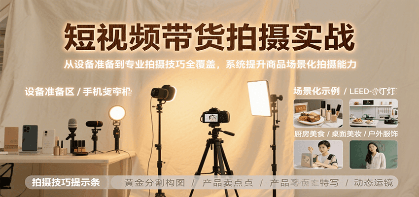 短视频带货拍摄实战，从设备准备到专业拍摄技巧全覆盖，系统提升商品场景化拍摄能力-汇课新知资源网