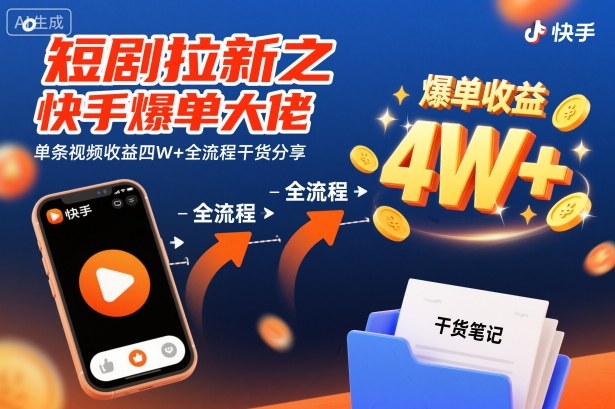 短剧拉新之快手爆单大佬单条视频收益四W+全流程干货分享-汇课新知资源网