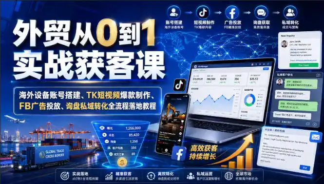 外贸从0到1实战获客课|海外设备账号搭建、TK短视频爆款制作、FB广告投放、询盘私域转化全流程落地教程-汇课新知资源网