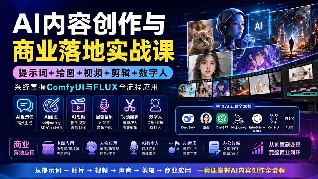 AI内容创作与商业落地实战课：提示词+绘图+视频+剪辑+数字人，系统掌握ComfyUI与FLUX全流程应用-汇课新知资源网
